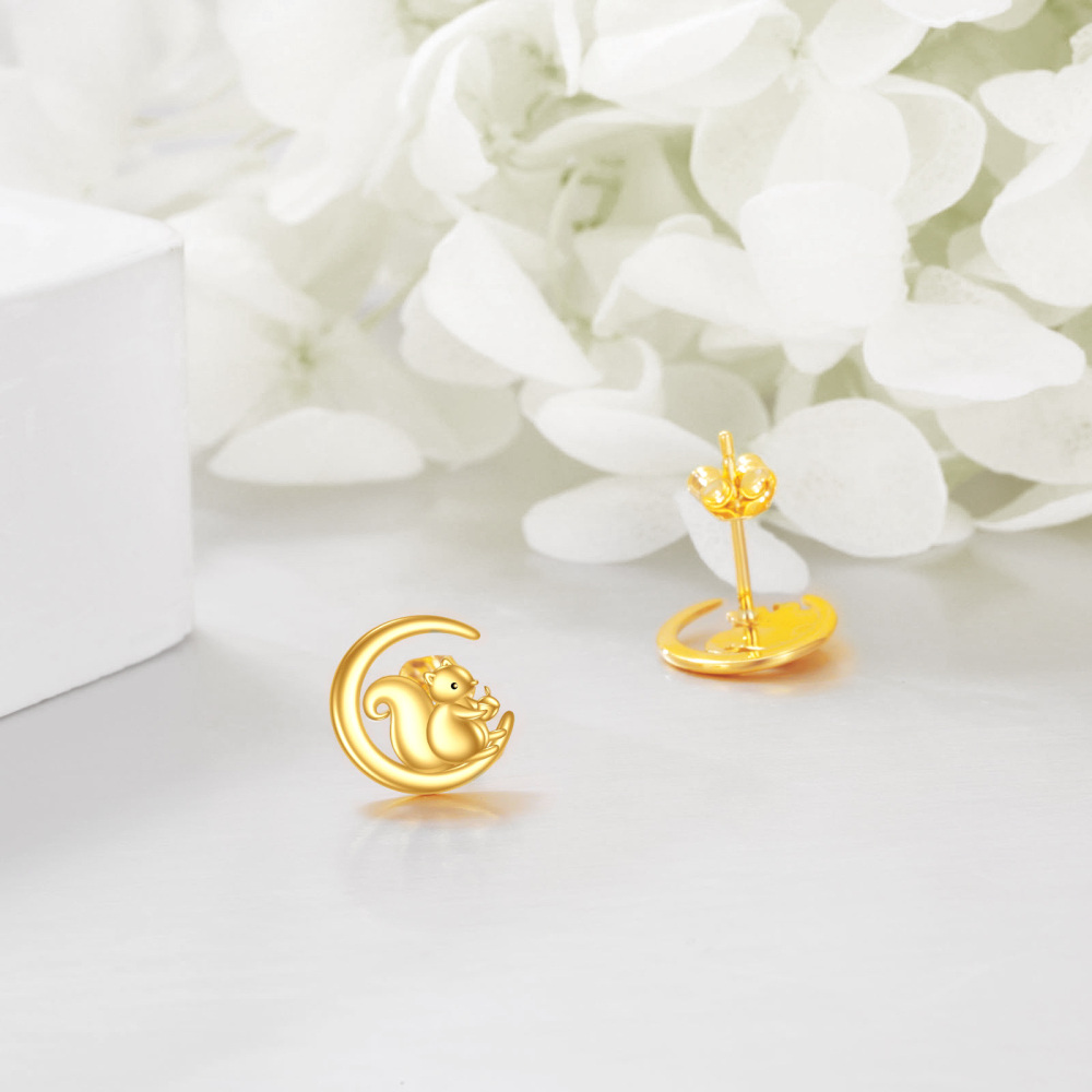 10K Yellow Gold Squirrel & Moon Stud Earrings-3