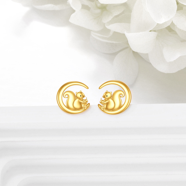 14K Yellow Gold Squirrel & Moon Stud Earrings-4