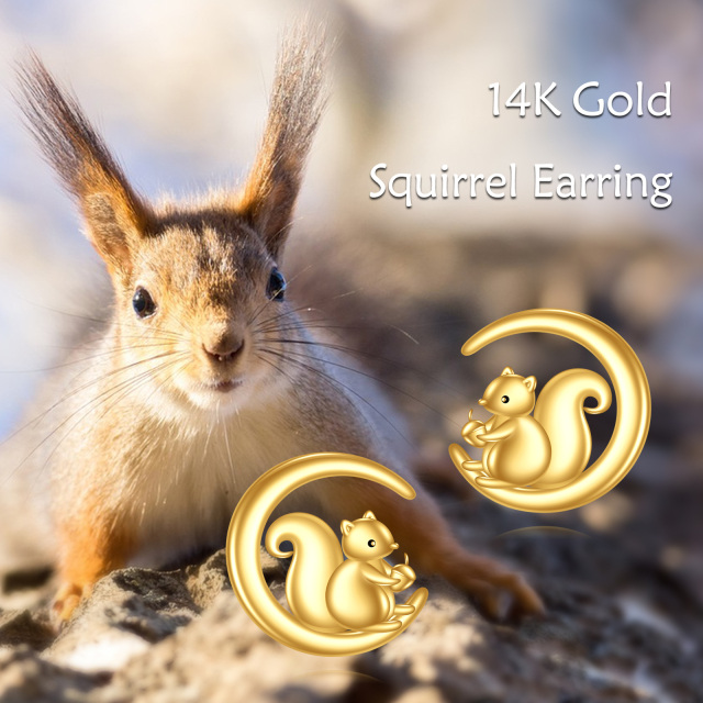 14K Yellow Gold Squirrel & Moon Stud Earrings-6