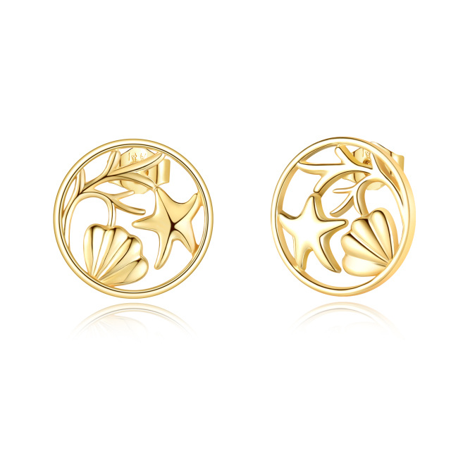 10K Yellow Gold Starfish & Shell Seaweed Stud Earrings-1