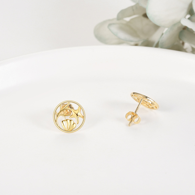 10K Yellow Gold Starfish & Shell Seaweed Stud Earrings-4