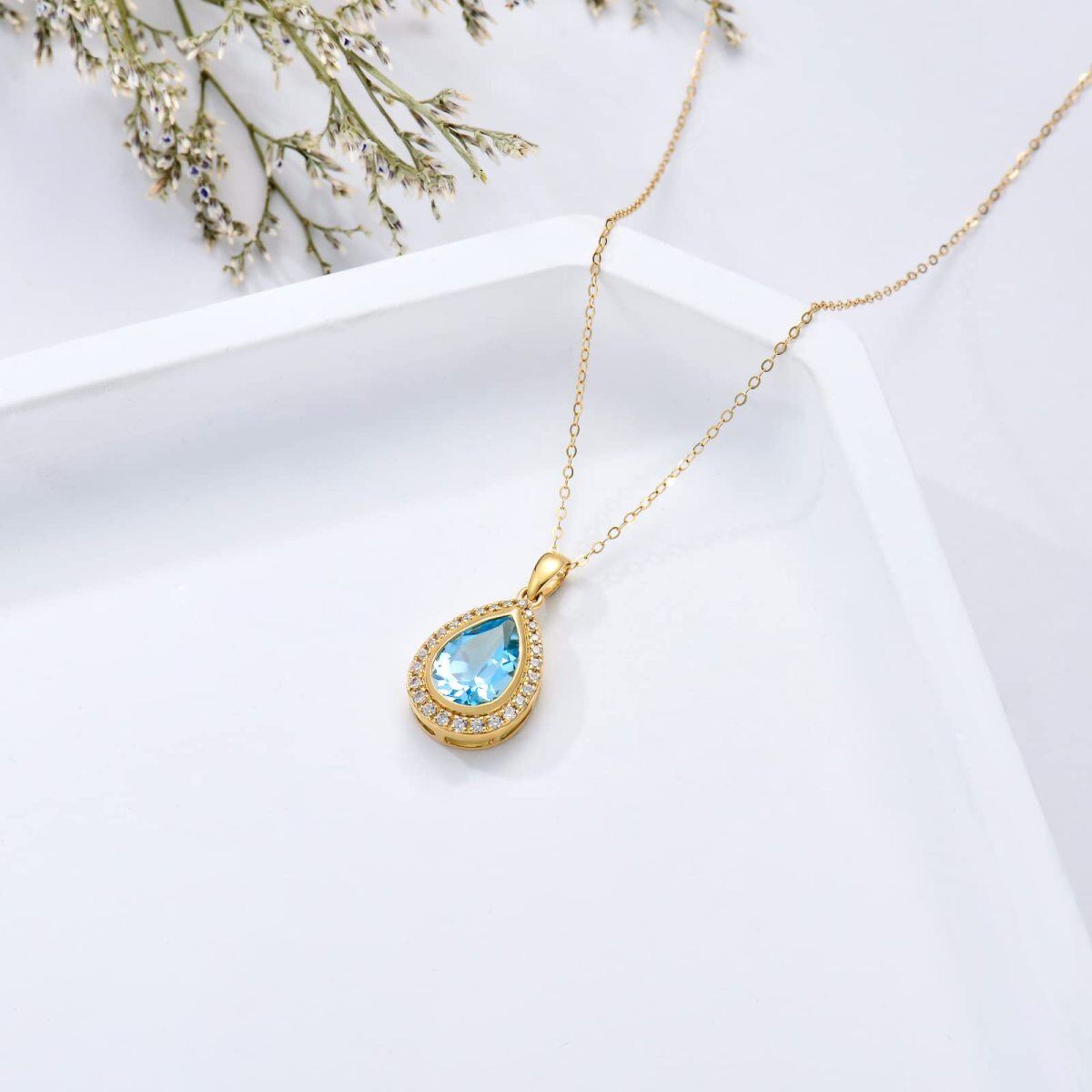 Collier avec topaze naturelle bleue suisse en or jaune 14 carats pour femme, 16 1 1 pouces-4