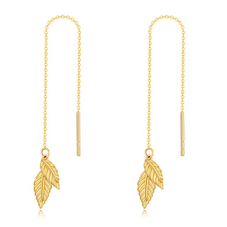 10K Yellow Gold Threader Pull Through Leaves Drop Earrings-10