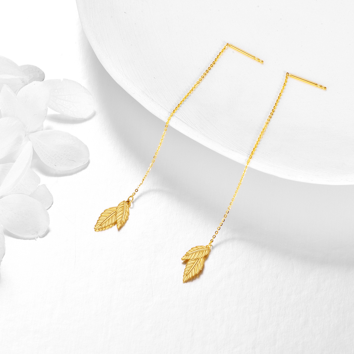 14K Yellow Gold Threader Pull Through Leaves Drop Earrings-3