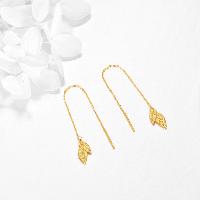 14K Yellow Gold Threader Pull Through Leaves Drop Earrings-4