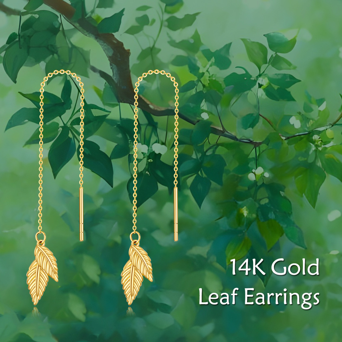 14K Yellow Gold Threader Pull Through Leaves Drop Earrings-6