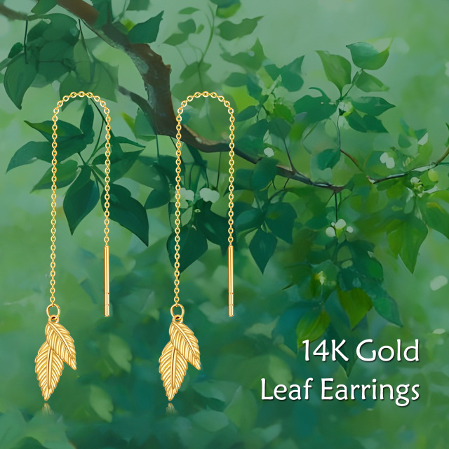 14K Geelgouden Threader Pull Through Leaves Drop Oorbellen-6