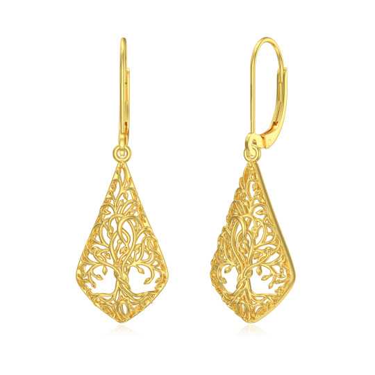 Boucles d'oreilles pendantes à levier en or jaune 14 carats avec arbre de vie