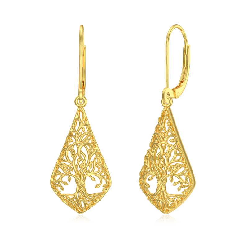 14K Yellow Gold Tree Of Life Lever-back Drop Earrings