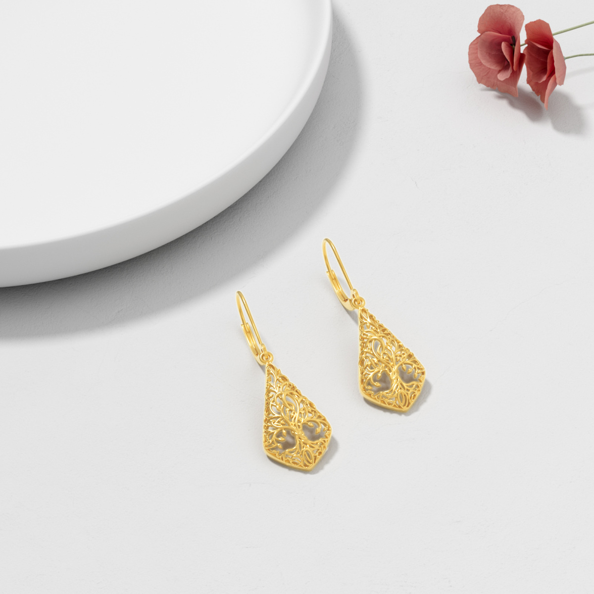 Boucles d'oreilles pendantes à levier en or jaune 14 carats avec arbre de vie-4