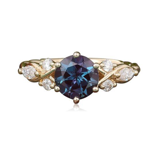Anillo de compromiso de oro de 14 quilates con diamante de corte redondo de 1 CT y alexandrita