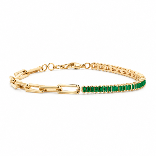10 karaat gouden tennisarmband met 1 karaat smaragd in smaragdgeslepen, laboratoriumgekweekte smaragd, paperclip-schakelarmband, verkrijgbaar in maat 6 tot 7.