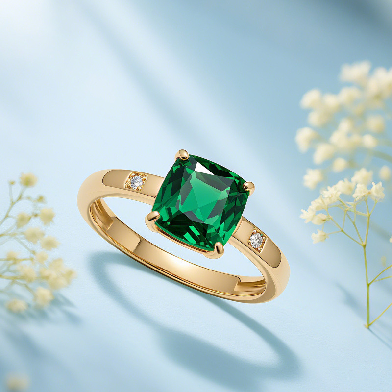 Bague de fiançailles en or 14K avec moissanite taillée en coussin de 1 à 6 CT et émeraude artificielle-3