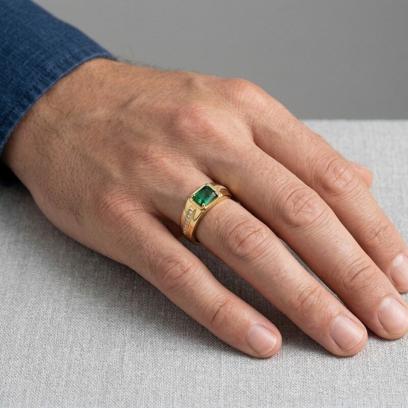 Anillo de oro de 14 quilates con esmeralda artificial de talla esmeralda de 1 a 6 quilates para hombre.-2