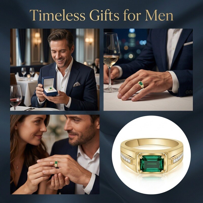 Anillo de oro de 14 quilates con esmeralda artificial de talla esmeralda de 1 a 6 quilates para hombre.-4