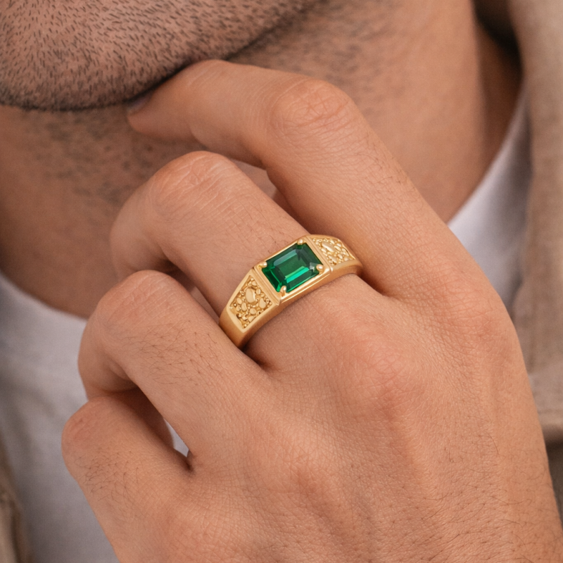 Anillo para hombre de oro de 14 quilates con pepita de esmeralda creada en laboratorio, corte esmeralda, de 1 a 6 CTW-2