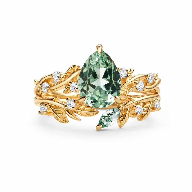 Brautset aus 10-karätigem Gold und 2-Karat-Birnenschliff-Grünem Saphir, inspiriert von der Natur-7