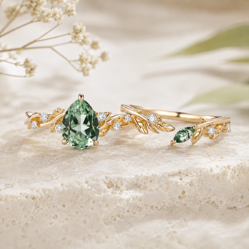 Ensemble de mariage inspiré par la nature, or 10 carats et saphir vert taille poire de 2 carats-5
