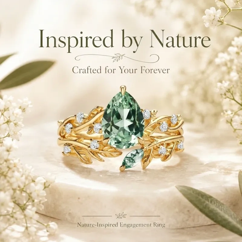 Ensemble de mariage inspiré par la nature, or 10 carats et saphir vert taille poire de 2 carats-6