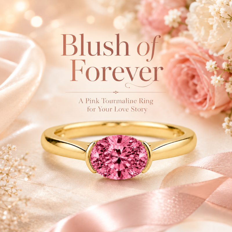 Anillo de compromiso de oro de 18 quilates con turmalina rosa ovalada de 2 quilates y engaste horizontal.-4