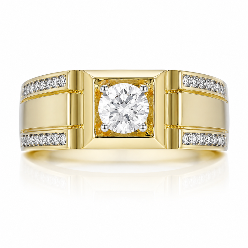 Anillo de oro de 14 quilates con moissanita redonda de 2 quilates para hombre.-1