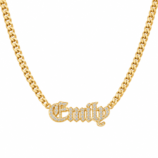 Klassieke naamketting met schakels, 14 karaats goud, 2 mm laboratoriumgekweekte diamant, gepersonaliseerd, verkrijgbaar in lengtes van 16 tot 30 cm.