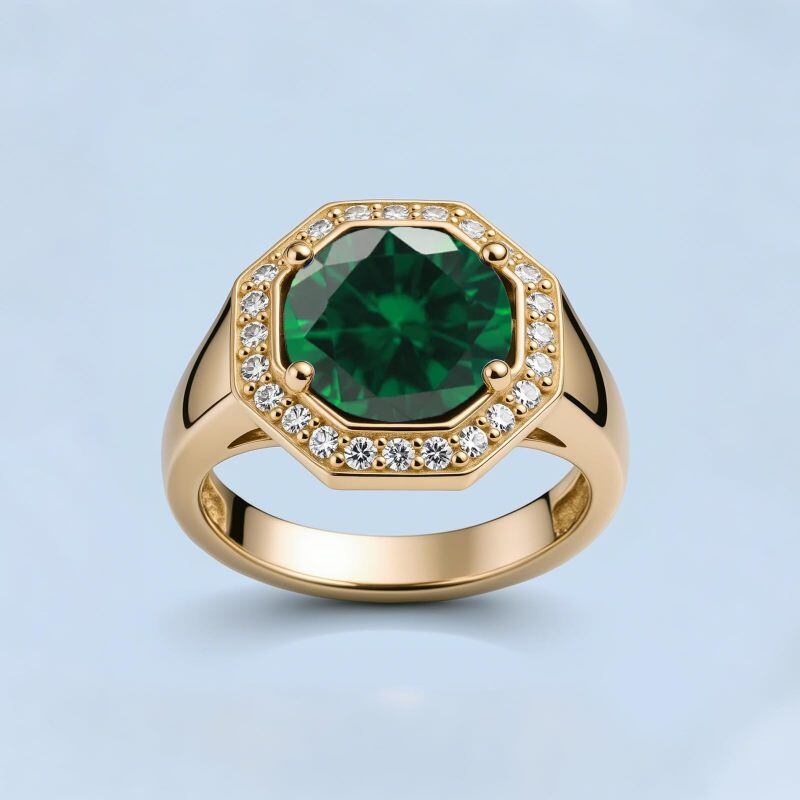 Anillo de hombre personalizado en oro de 14 quilates con esmeralda creada en laboratorio de 3 CT y diamantes creados en laboratorio-4