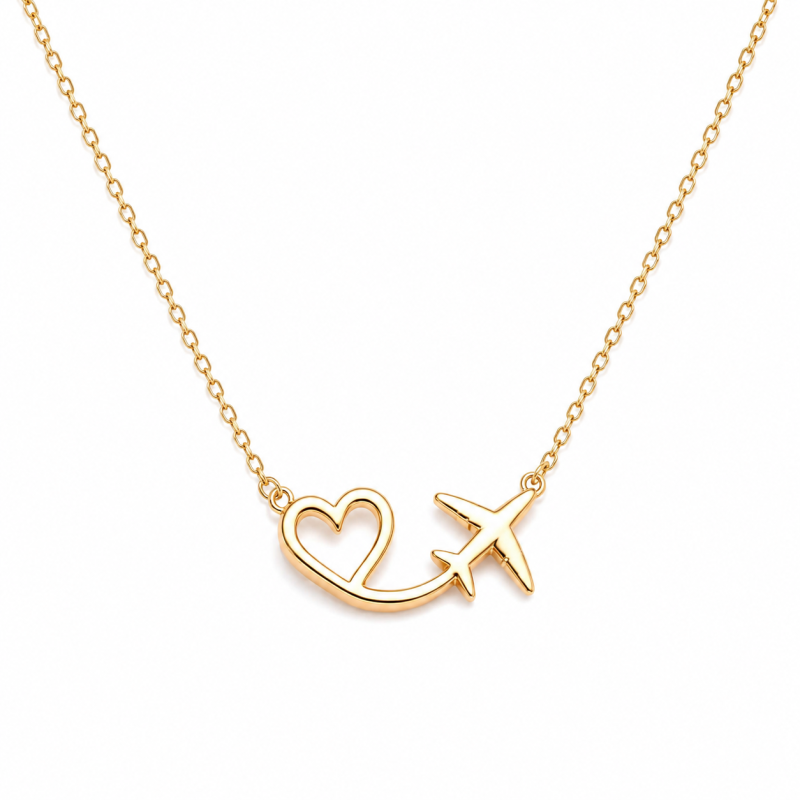 Collar con colgante de avión y corazón de oro de 14 quilates para mujer-1