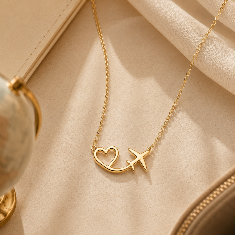 Collar con colgante de avión y corazón de oro de 14 quilates para mujer-3