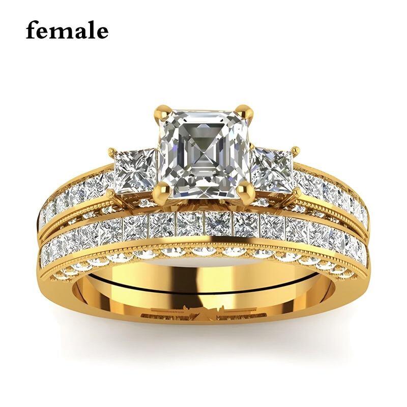 14K Gold Asscher Cut Moissanite Couple Rings-3