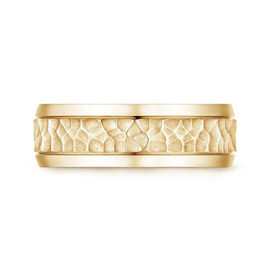 Anillo de boda para hombre con bordes biselados en oro de 14 quilates, ajuste cómodo y acabado martillado