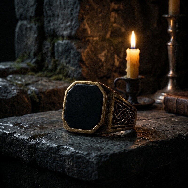 18K Gold & Black Agate Celtic Knot Signet Ring for Men-2