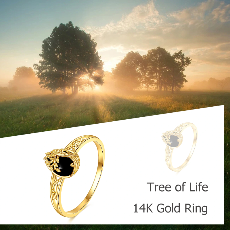 Bague de mariage Arbre de Vie en or 10K avec agate noire pour femme-5