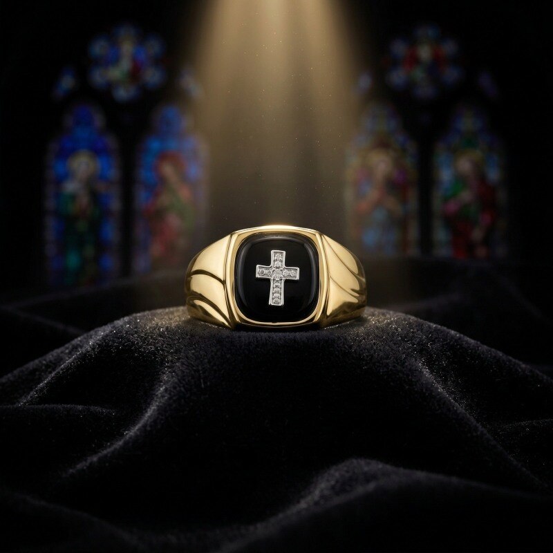 14K Gold & Black Cushion Cut Agate Cross Signet Ring for Men-2