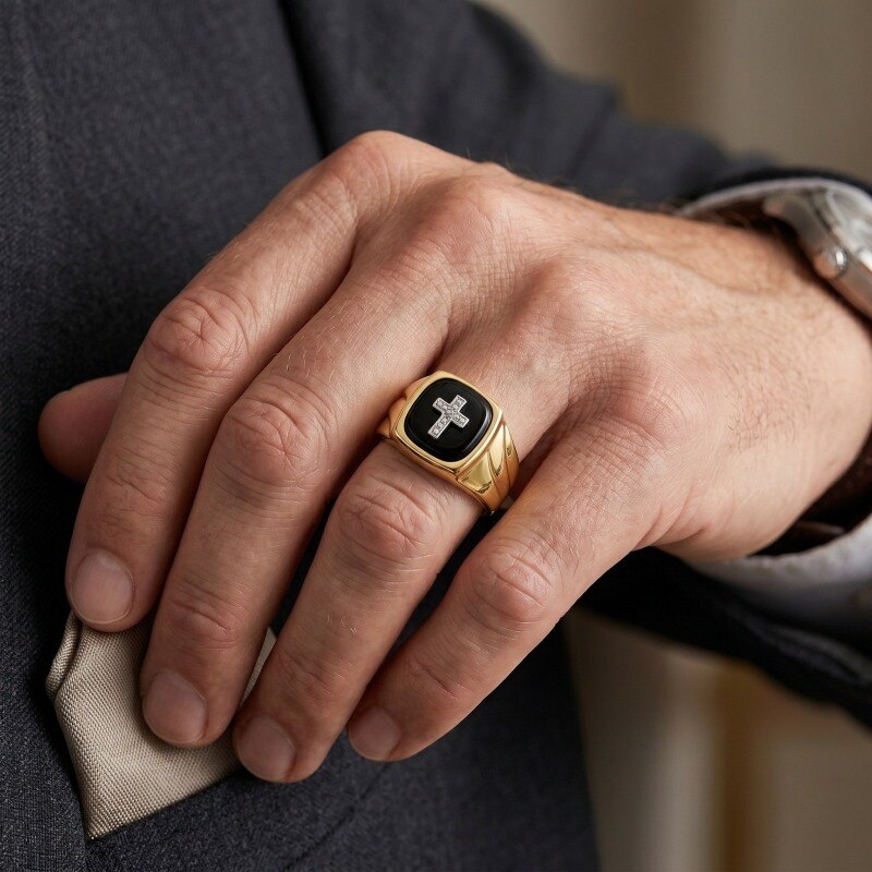 14K Gold & Black Cushion Cut Agate Cross Signet Ring for Men-3