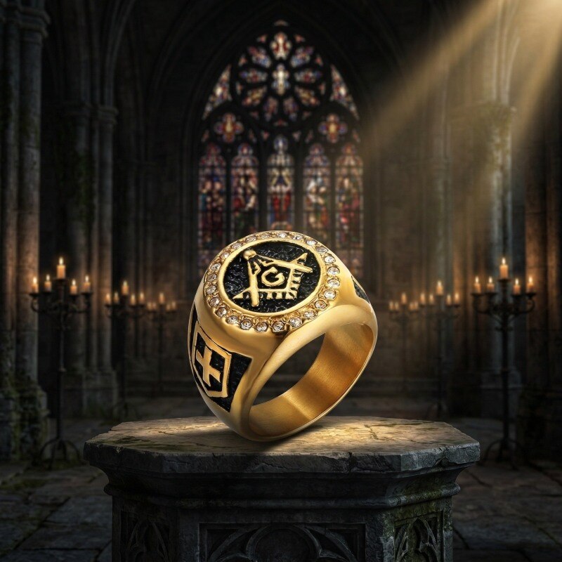 18K Gold & Black Moissanite Cross & Freemason Signet Ring for Men-2