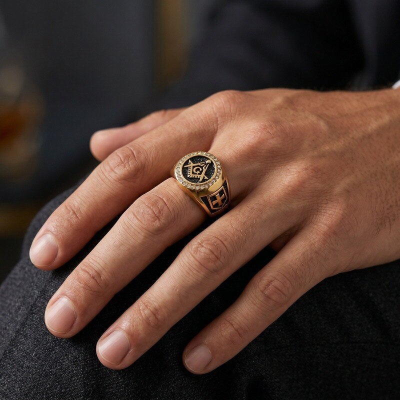 18K Gold & Black Moissanite Cross & Freemason Signet Ring for Men-3