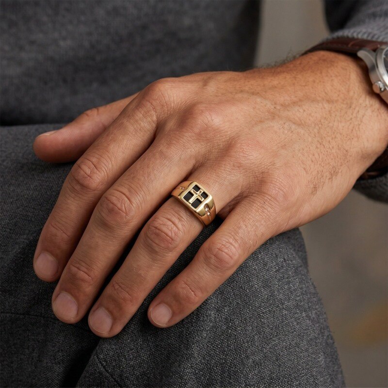 18K Gold & Black Princess Cut Agate & Moissanite Cross Signet Ring for Men-2
