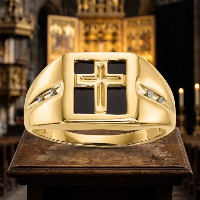 18K Gold & Black Princess Cut Agate & Moissanite Cross Signet Ring for Men-3