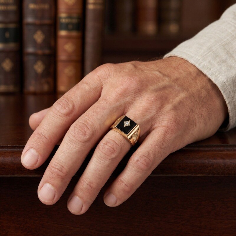 18K Gold & Black Round Cut Lab-Grown Diamond Custom Signet Ring-2