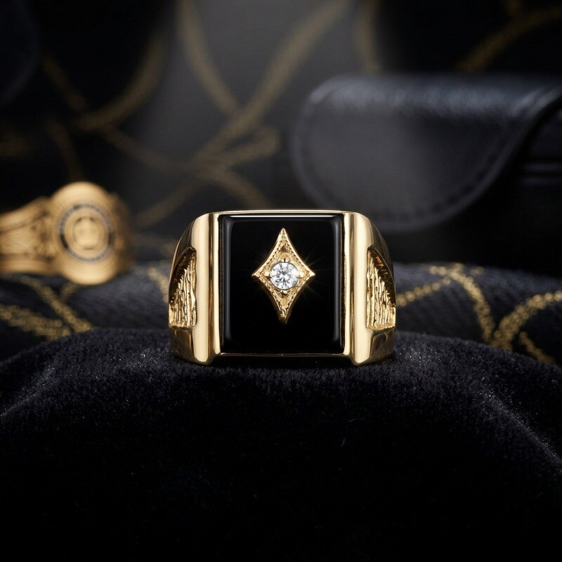 18K Gold & Black Round Cut Lab-Grown Diamond Custom Signet Ring-3