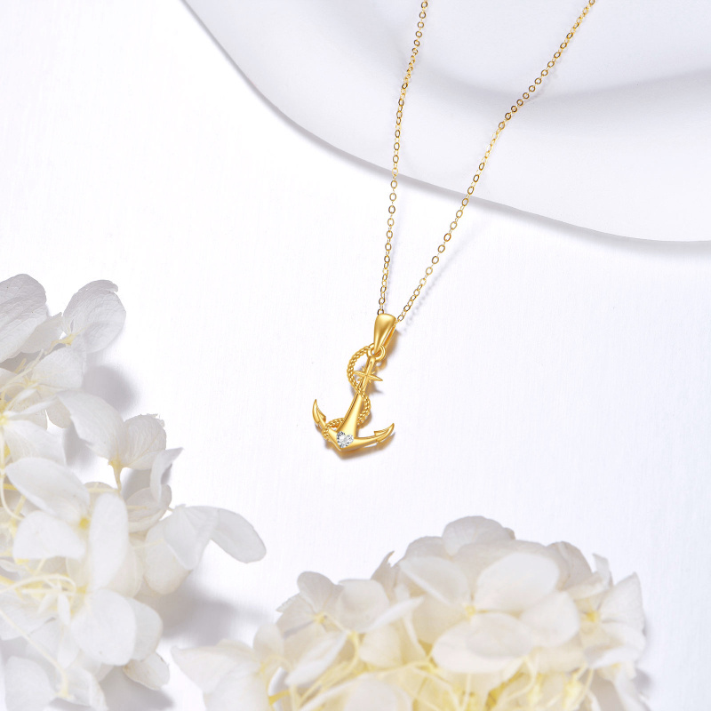 14K Gold Cubic Zirconia Anchor Pendant Necklace-3
