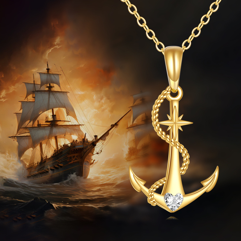 14K Gold Cubic Zirconia Anchor Pendant Necklace-5