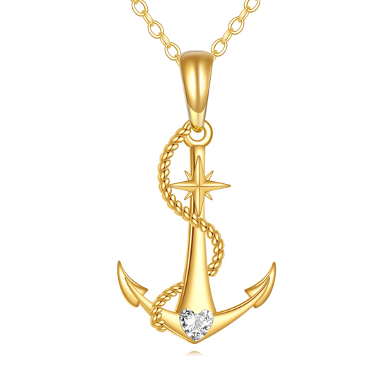 14K Gold Cubic Zirconia Anchor Pendant Necklace