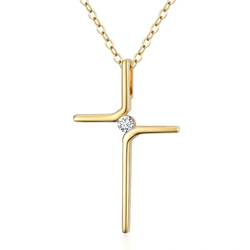 Collier pendentif croix en or 14 carats et zirconiums cubiques-1