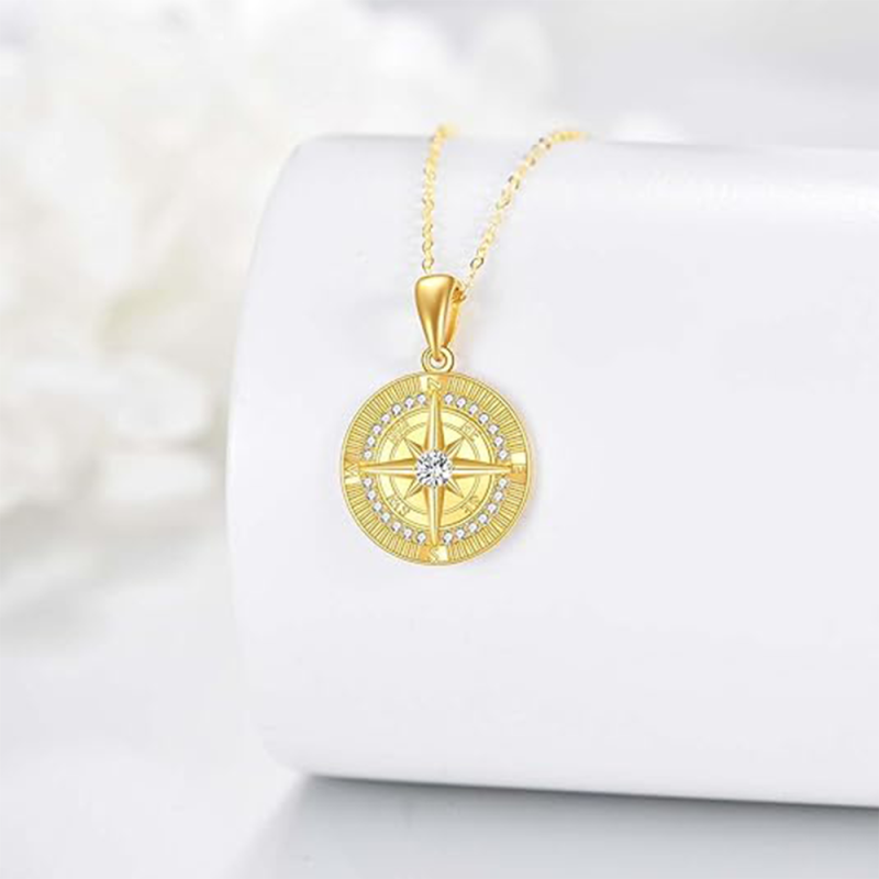 14K Gold Cubic Zirconia Engravable & Compass Pendant Necklace-3