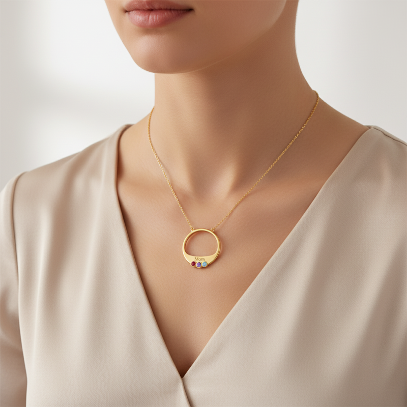 Collar de oro de 14 quilates con circonias cúbicas y piedra de nacimiento familiar, grabable-2
