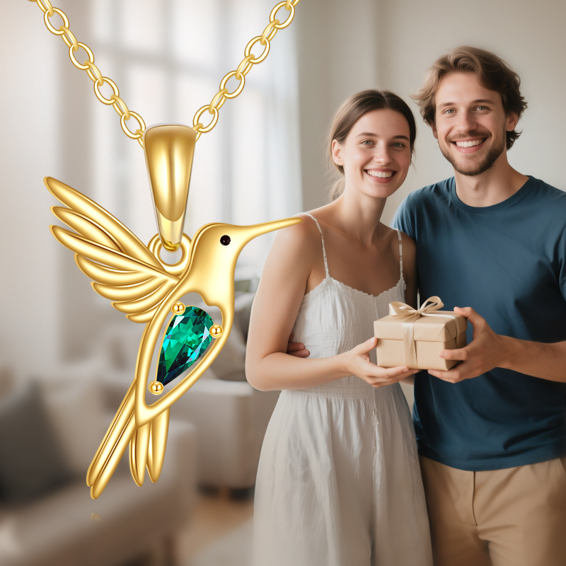 14K Gold Cubic Zirconia Hummingbird Pendant Necklace-4
