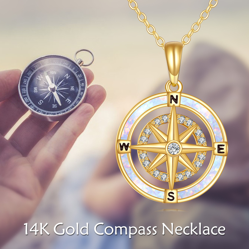 14K Gold Cubic Zirconia & Opal Compass Pendant Necklace-6