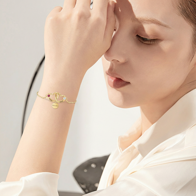 Armband aus 14-karätigem Gold mit Zirkonia, personalisierter Gravur und Herzanhänger-2